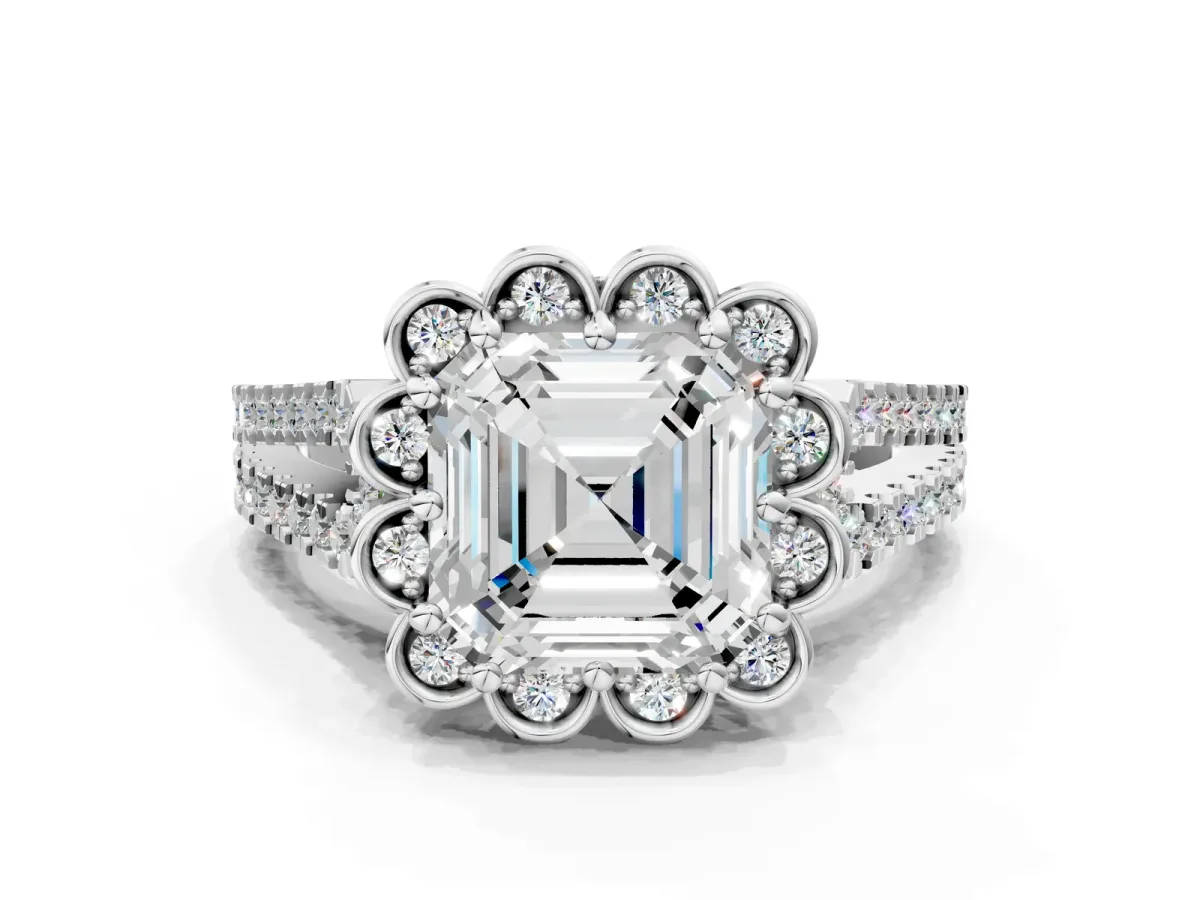 Asscher Cut Halo Diamond Floral Split Shank Engagement Ring Platinum