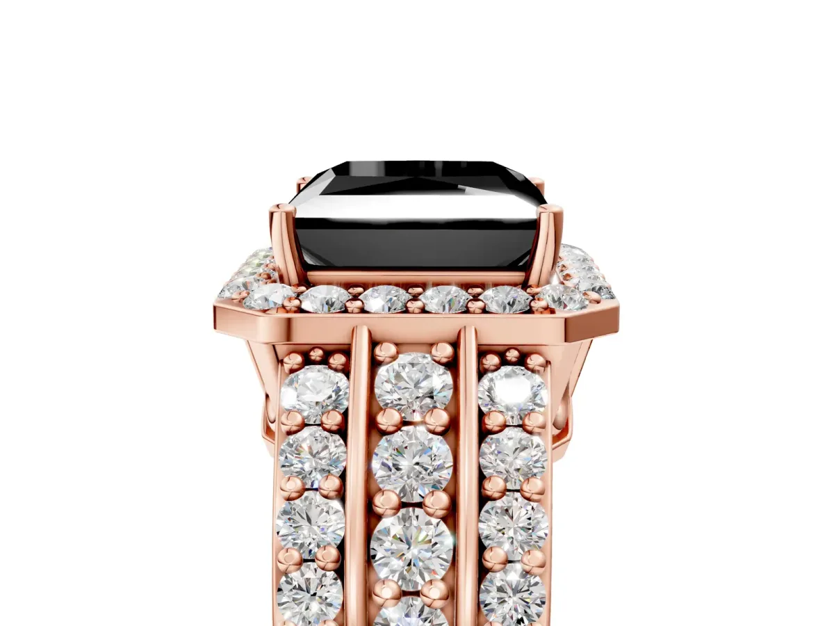 Fancy Black Princess Cut Halo Diamond Ring with Round Split Shank and Prong Setting Rose gold