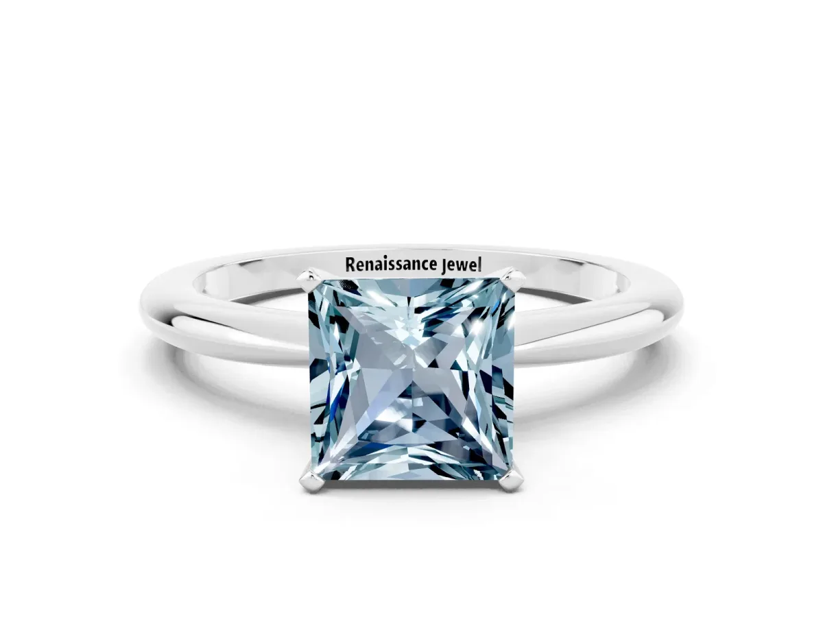 Princess Cut Aquamarine Solitaire Ring with Six-Prong Setting and Classic Band Silver