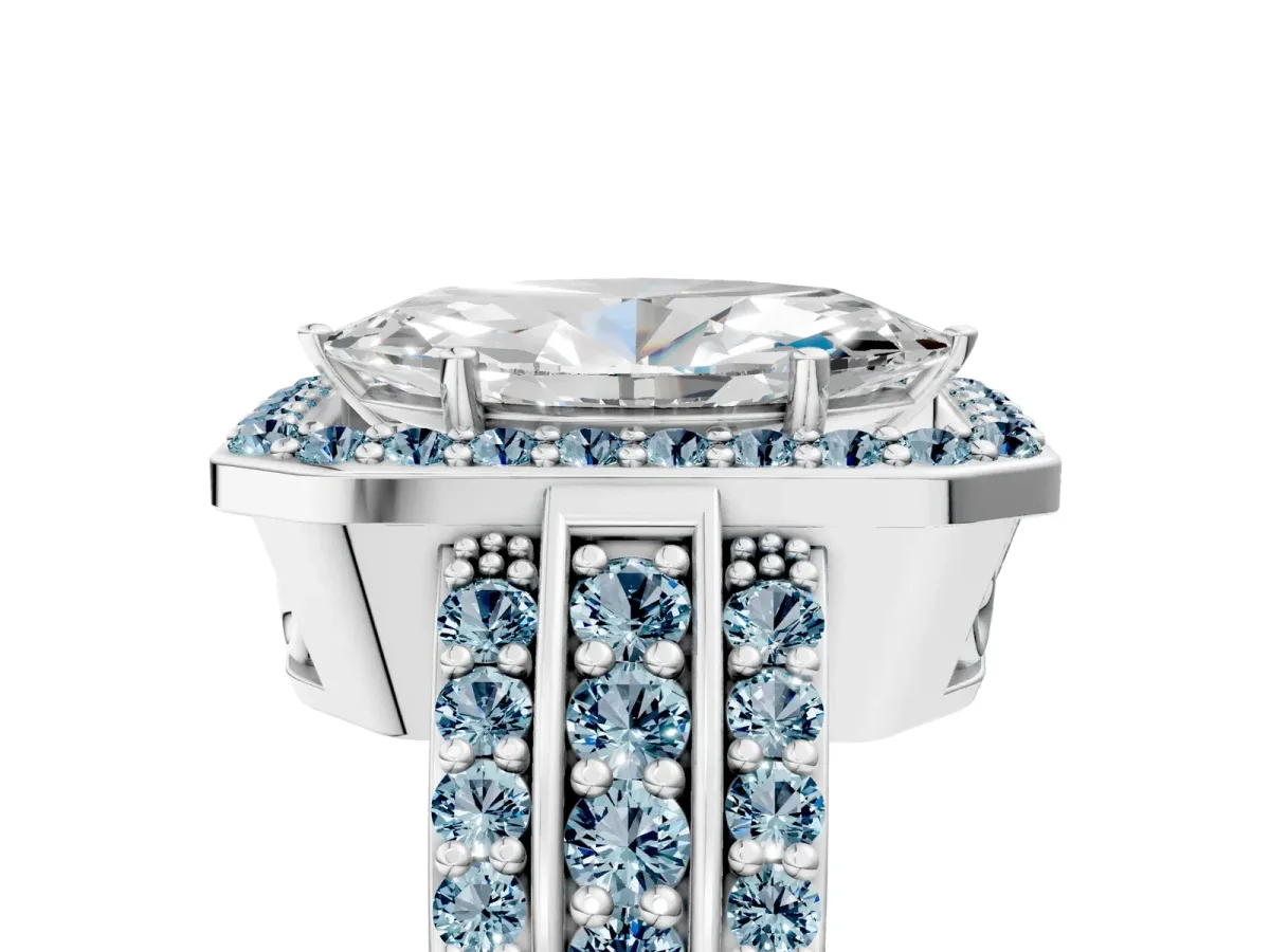 Marquise Cut Halo Diamond Ring with Round Aquamarine Split Shank and Prong Setting Silver