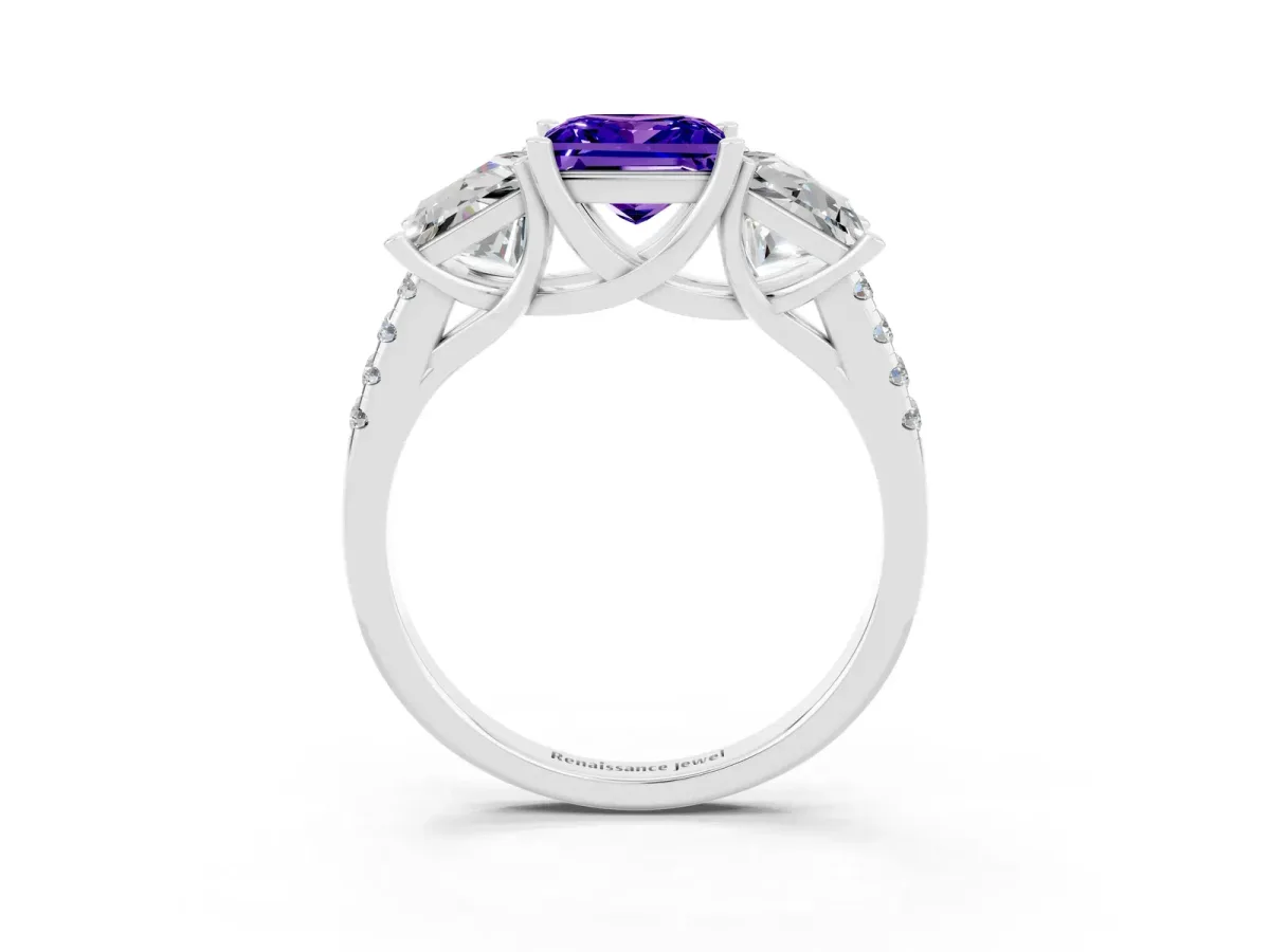 Three-Stone Princess Cut Tanzanite Ring with Round Pavé Band and Prong Setting Silver