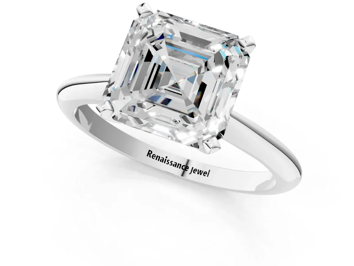 Asscher Cut Diamond Solitaire Engagement Ring with Classic Band and Four-Prong Setting Silver