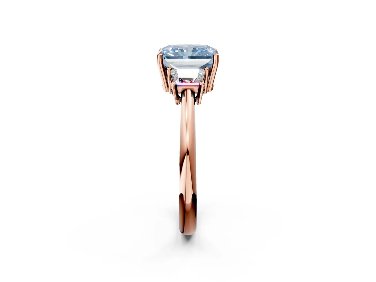 Fancy Blue Radiant Cut Diamond Three-Stone Ring with Trapezoid Side Stones and Prong Setting Rose gold
