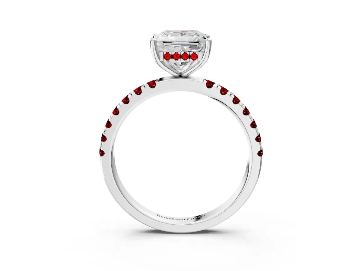 Princess Cut Diamond Pave Band Solitaire Ring with Round Ruby and Prong Setting Silver