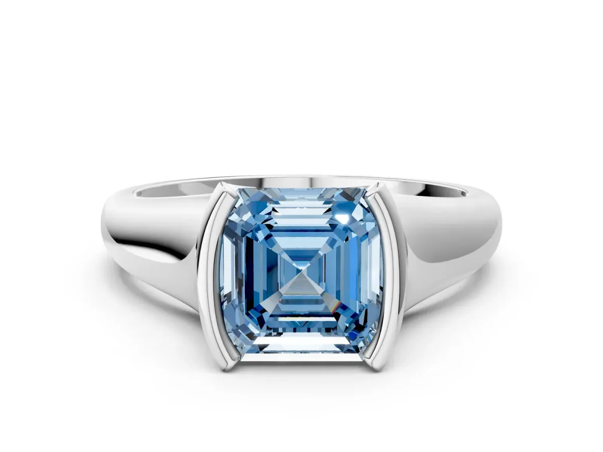 Fancy Blue Asscher Cut Solitaire Tension Set Diamond Ring with Split Shank Band Platinum