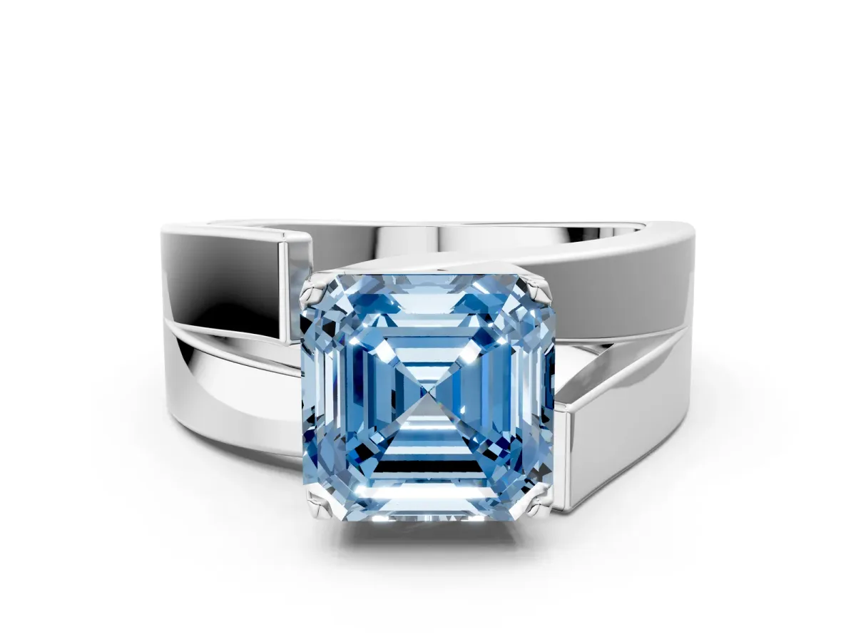 Fancy Blue Modern Tension Set Asscher Cut Diamond Solitaire Wide Band Ring Silver