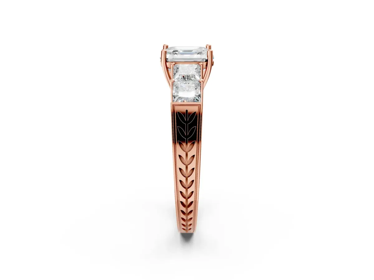 Asscher Cut Solitaire Princess Side Stone Engraved Band Prong Setting Ring Rose gold