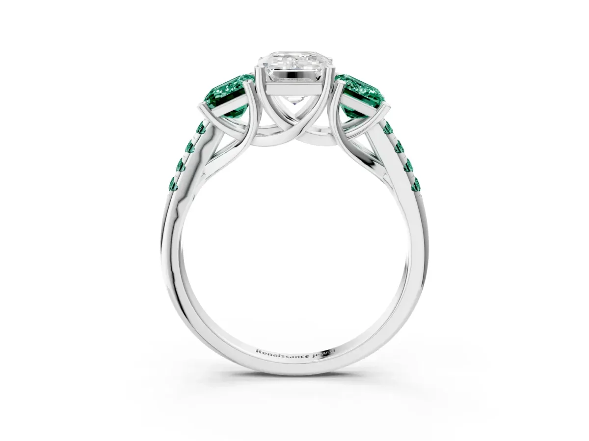 Three-Stone Emerald Cut Diamond Ring with Round Green Sapphire Pavé Band and Prong Setting Silver