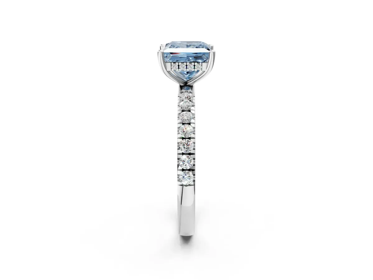 Fancy Blue Princess Cut Diamond Pave Band Solitaire Ring with Round and Prong Setting Platinum
