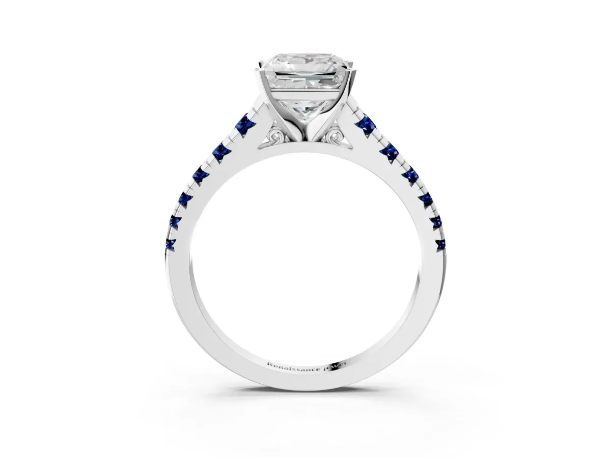 Princess Cut Diamond Cathedral Solitaire Ring with Round Blue Sapphire Pavé Band Silver