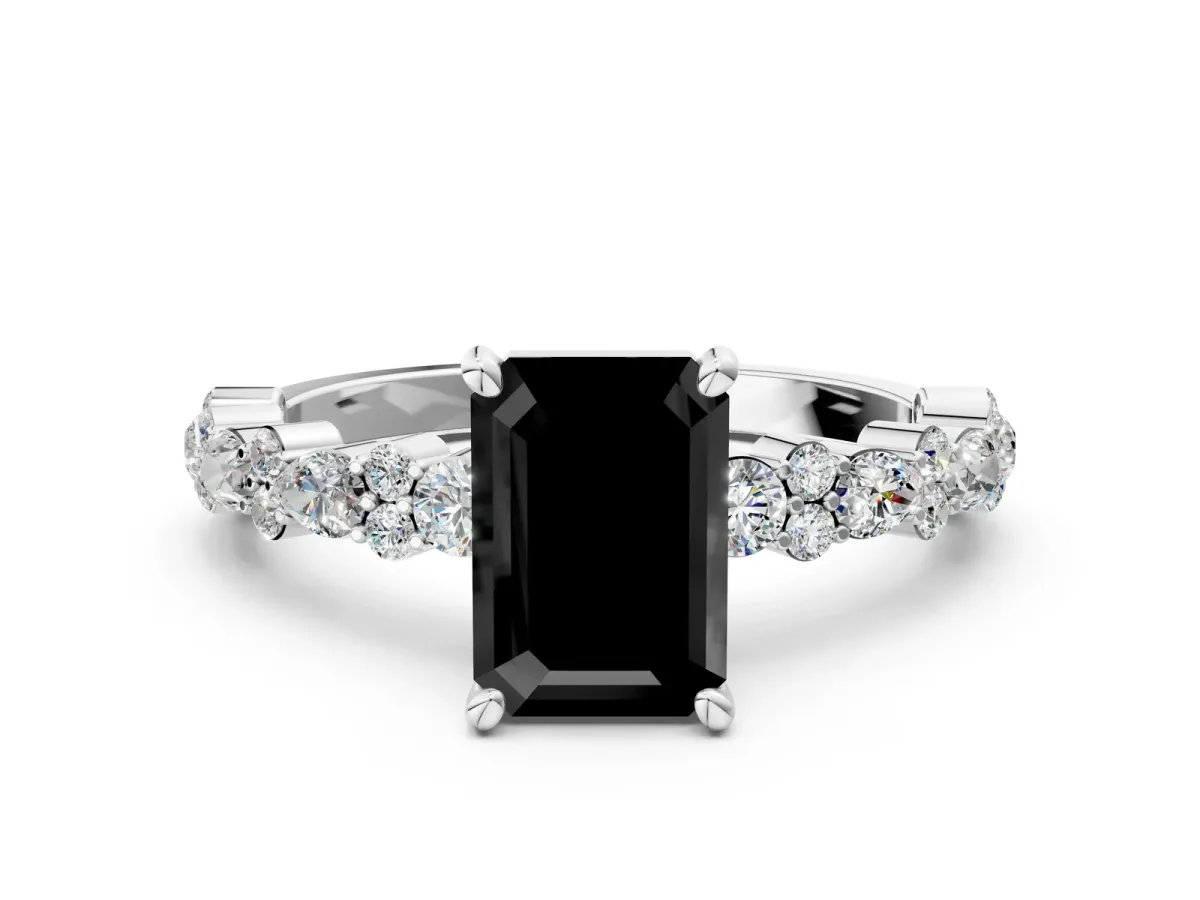 Fancy Black Emerald Cut Diamond Side Stone Solitaire Ring with Round and Four-Prong Setting Platinum