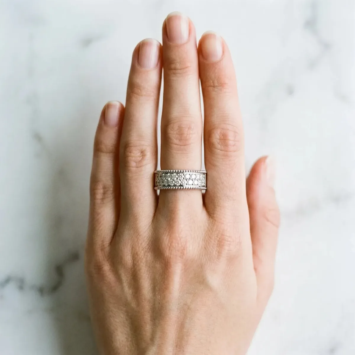 Round Cut Diamond Pave Eternity Band with Bead Prong Setting Platinum