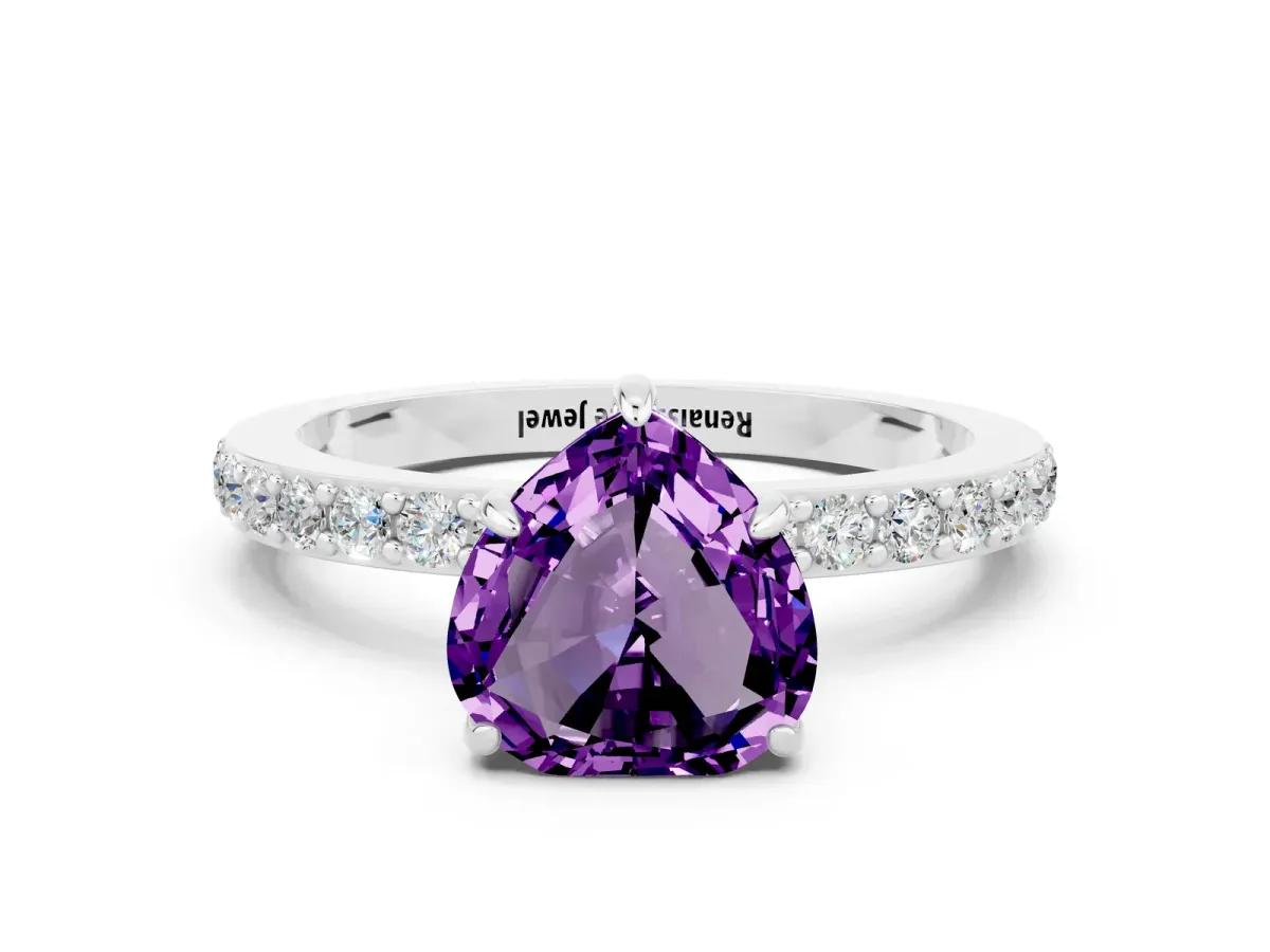 Heart Cut Amethyst Pavé Engagement Ring with Round Accents and Prong Setting Silver