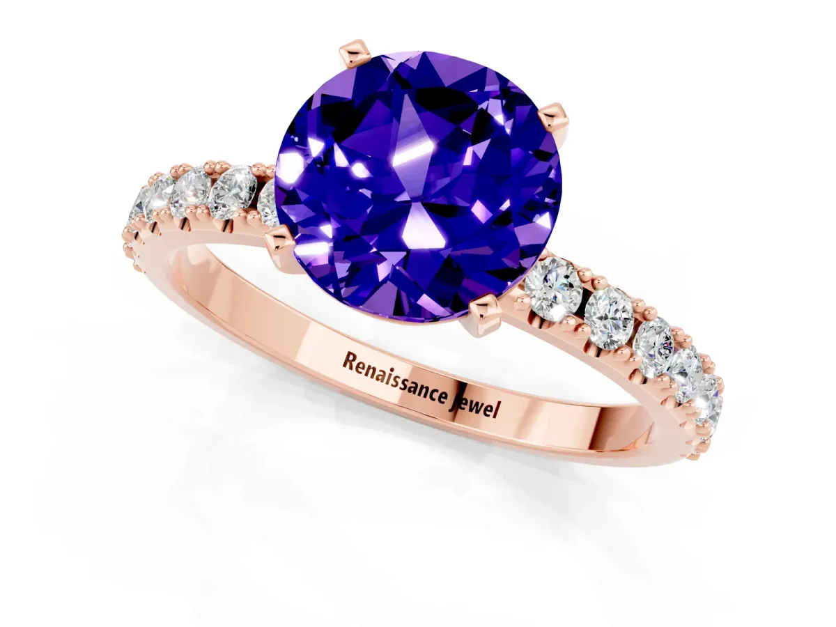 Round Cut Tanzanite Solitaire Pavé Band with Four-Prong Setting Rose gold