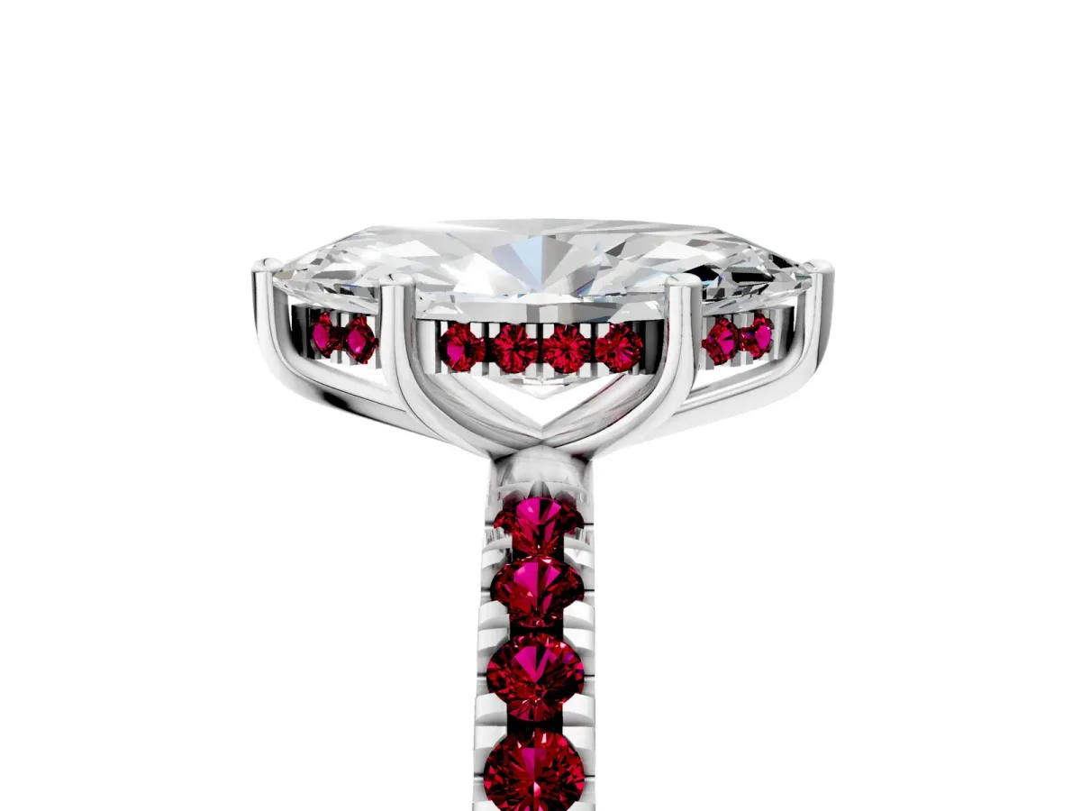 Marquise Cut Diamond Pave Band Solitaire Ring with Round Garnet and Prong Setting Platinum