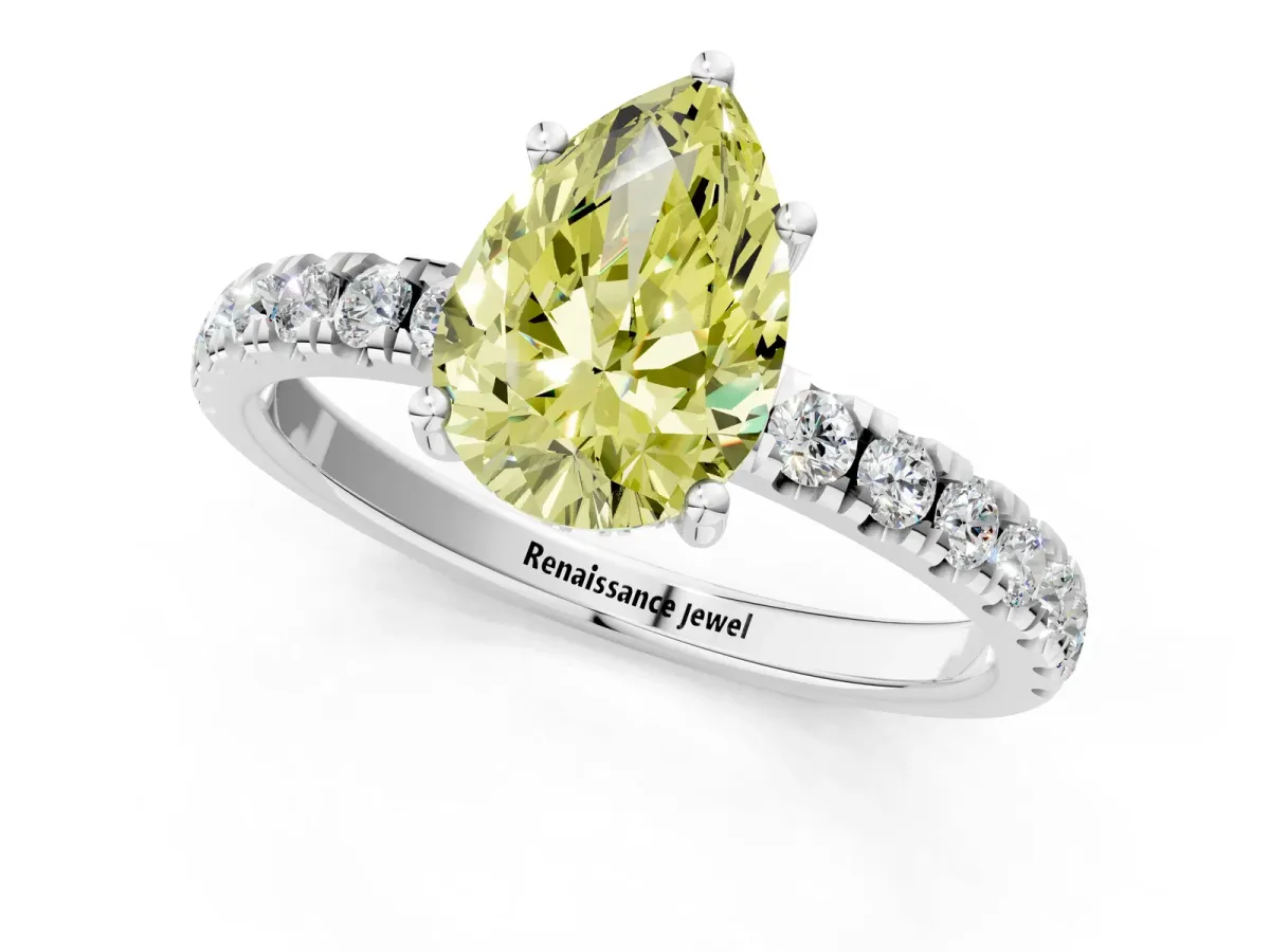 Fancy Yellow Pear Cut Diamond Pave Band Solitaire Ring with Round and Prong Setting Platinum