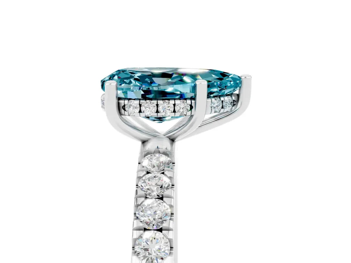 Pear Cut Blue Topaz Pave Band Solitaire Ring with Round and Prong Setting Platinum