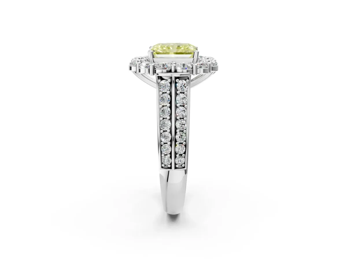 Fancy Yellow Radiant Cut Halo Diamond Engagement Ring with Split Shank and Prong Setting Platinum