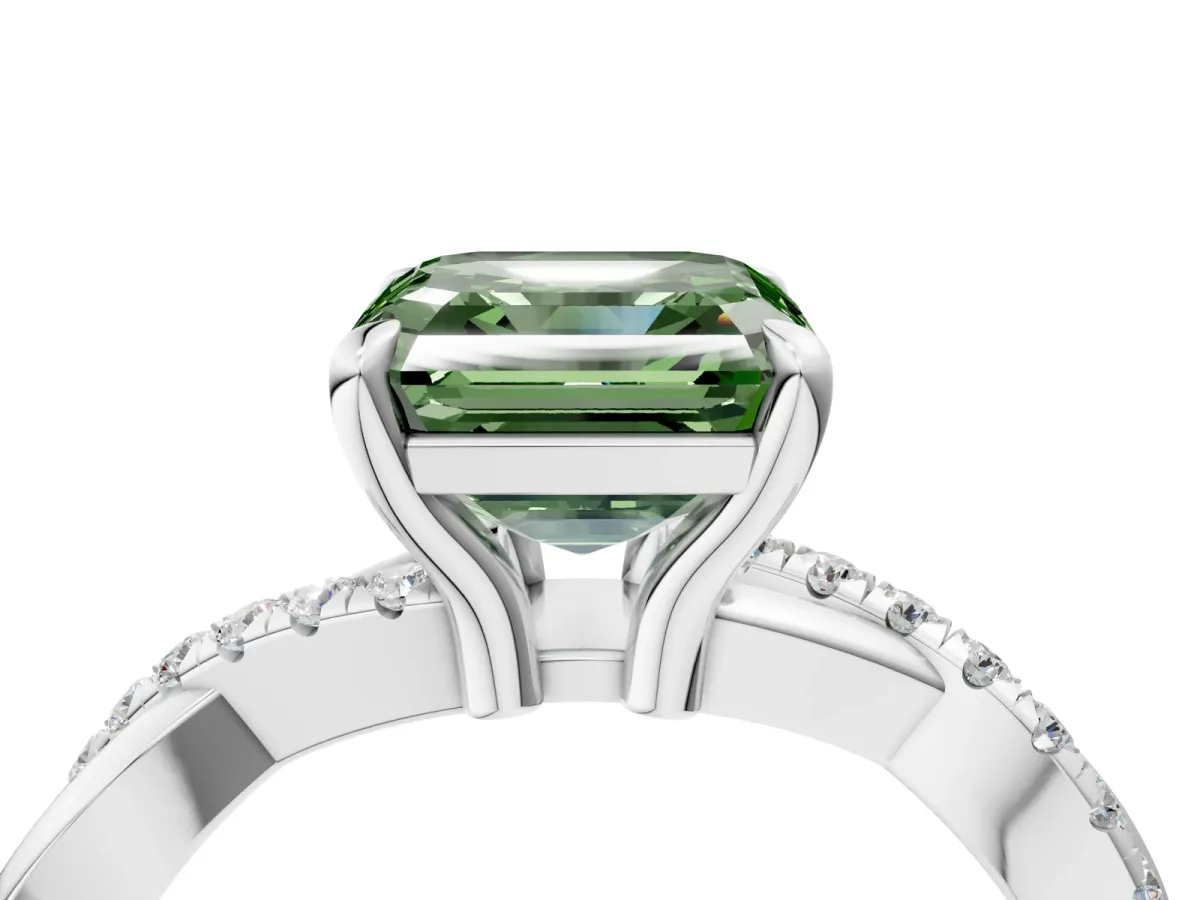 Fancy Green Asscher Cut Cut Twist Band Solitaire Diamond Ring with Pavé Setting Platinum