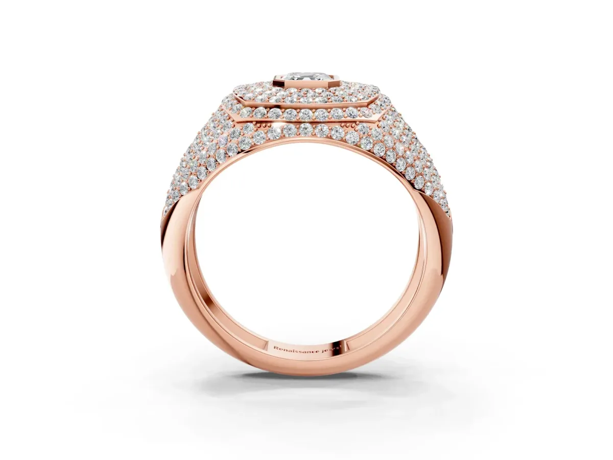 Asscher Cut Diamond Bezel Set Pavé Dome Mens Ring Rose gold