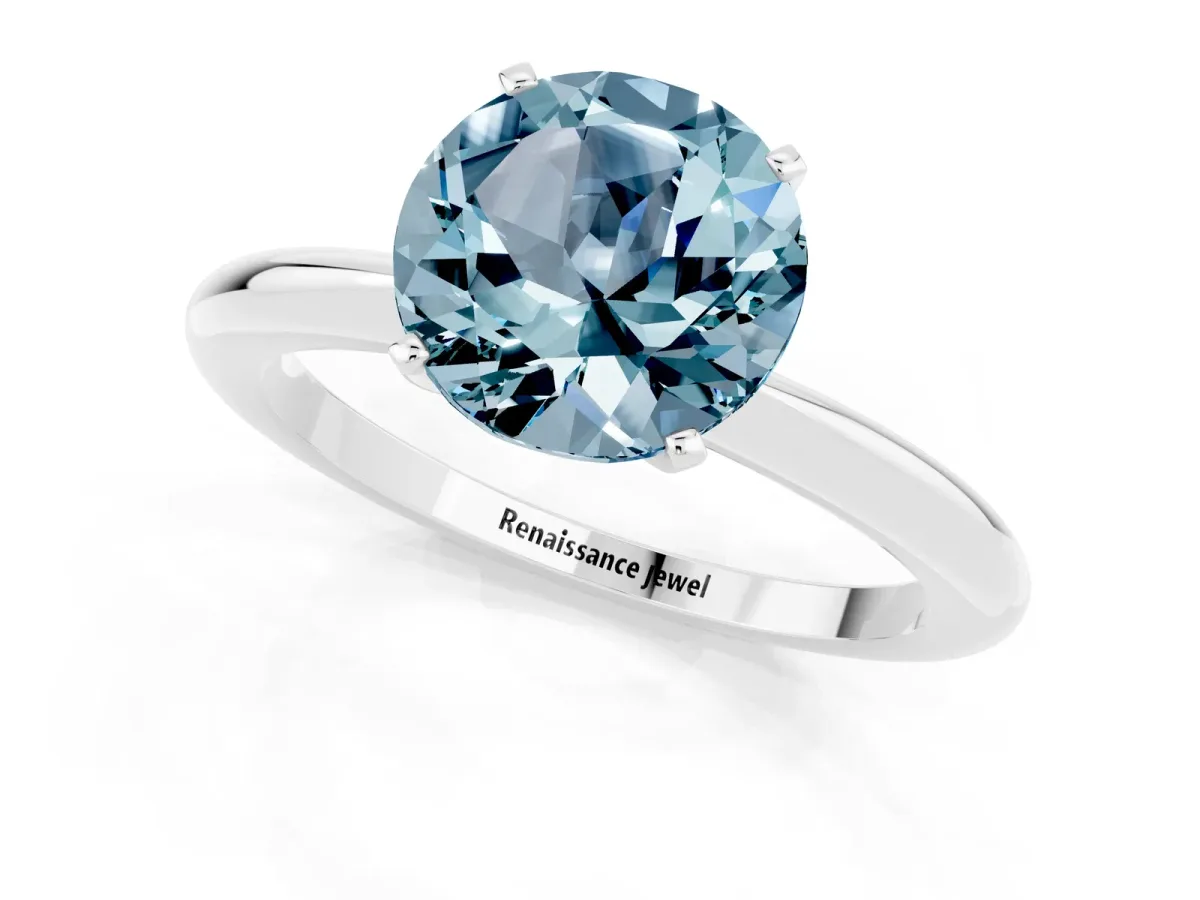 Round Cut Aquamarine Solitaire Ring with Six-Prong Setting and Classic Band Silver