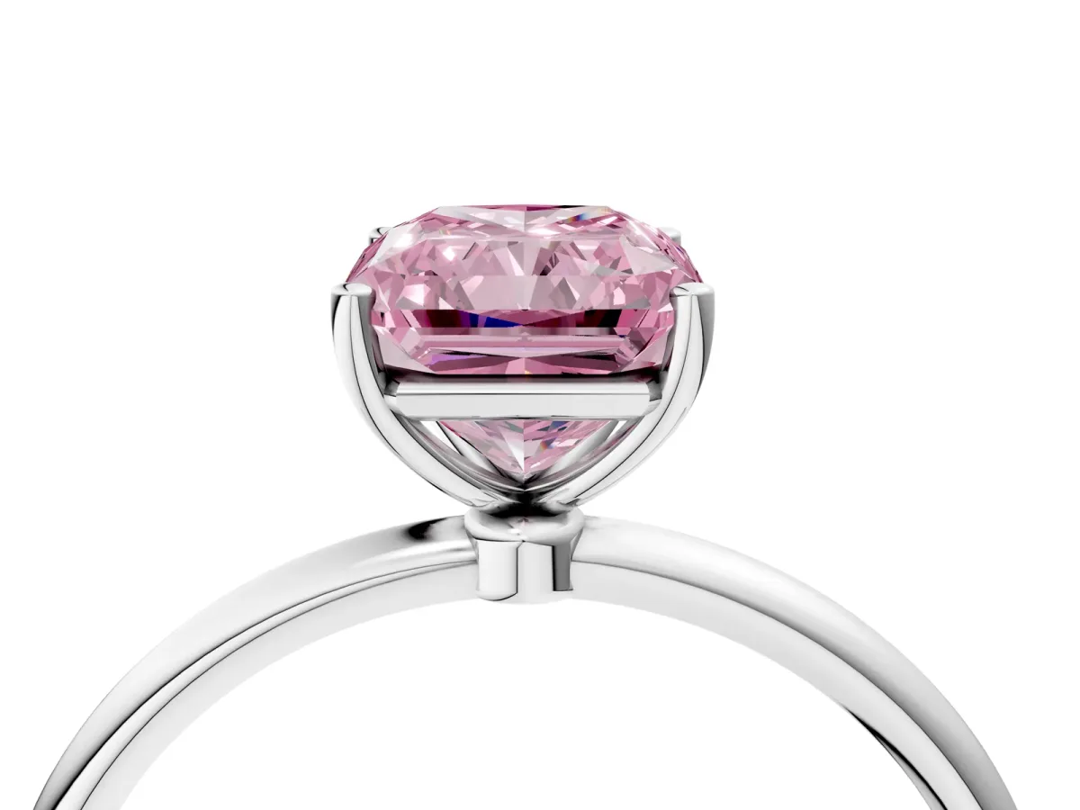Fancy Pink Radiant Cut Cut Solitaire Engagement Ring with Thin Band and Four-Prong Setting Platinum