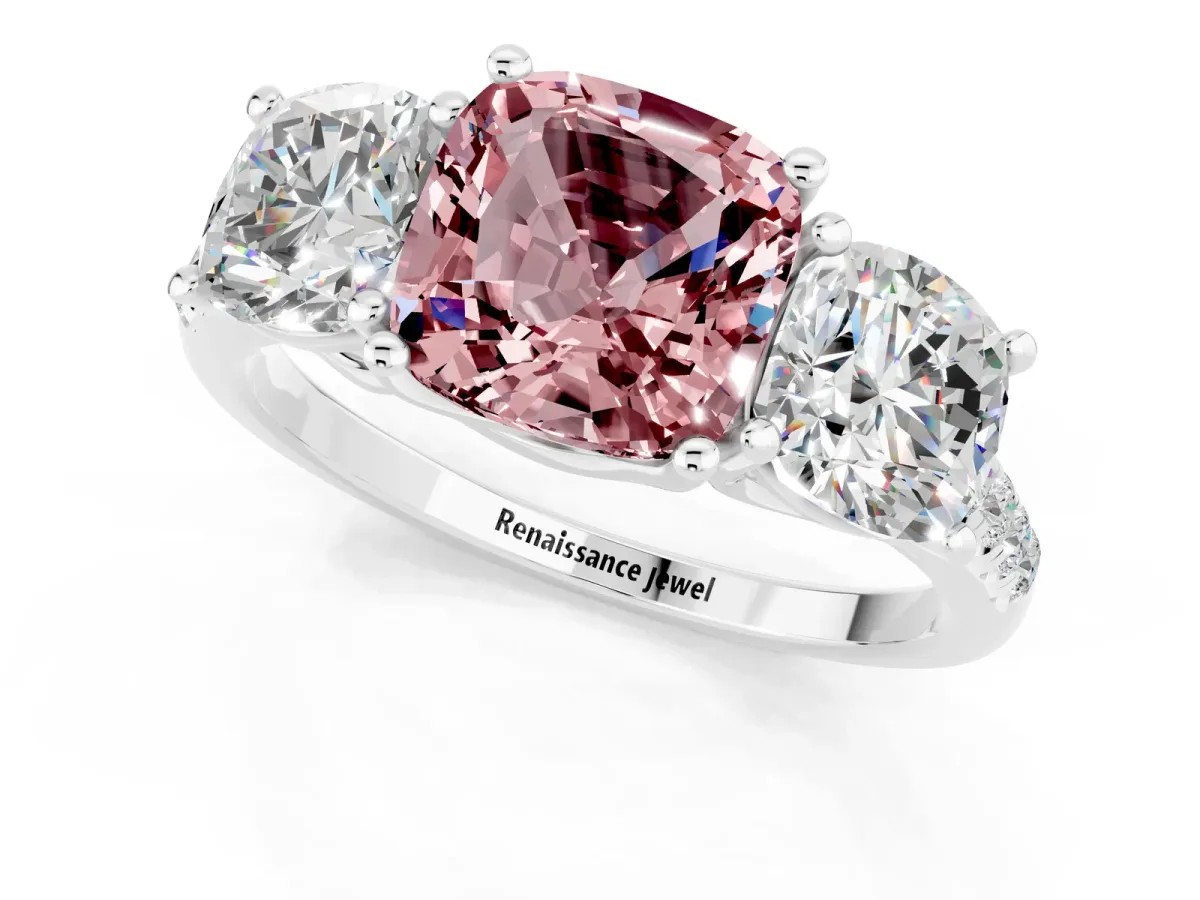 Three-Stone Cushion Cut Morganite Ring with Round Pavé Band and Prong Setting Silver
