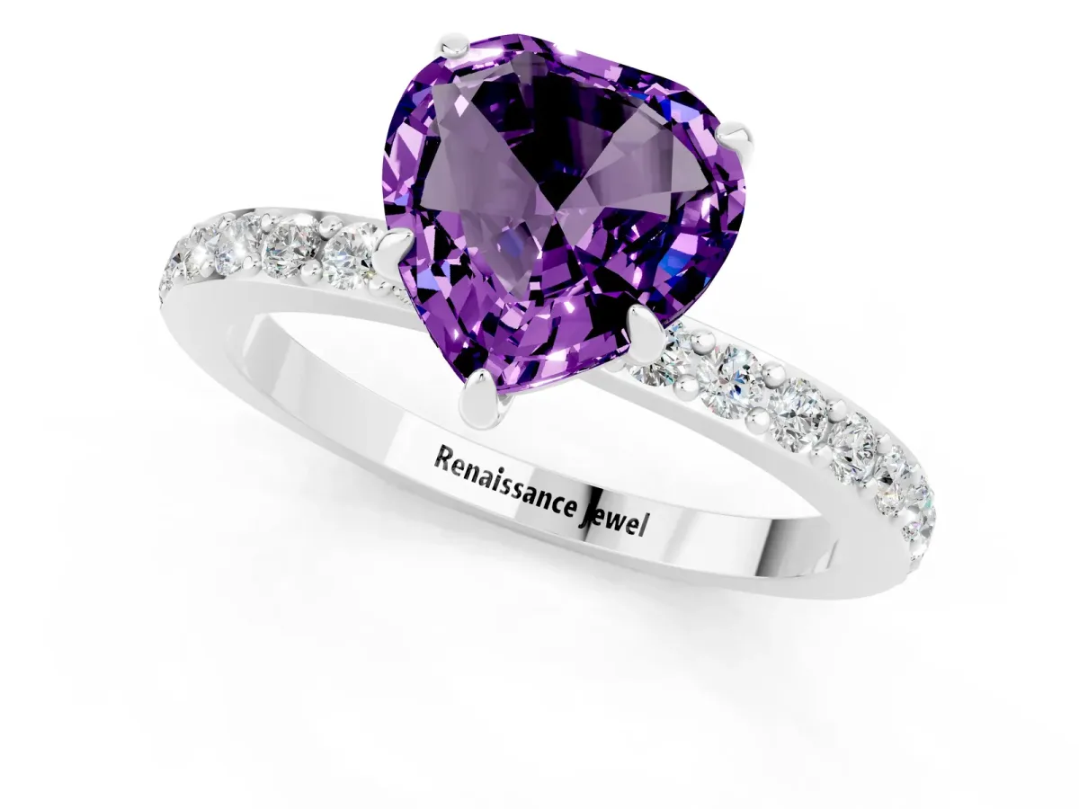 Heart Cut Amethyst Pavé Engagement Ring with Round Accents and Prong Setting Silver