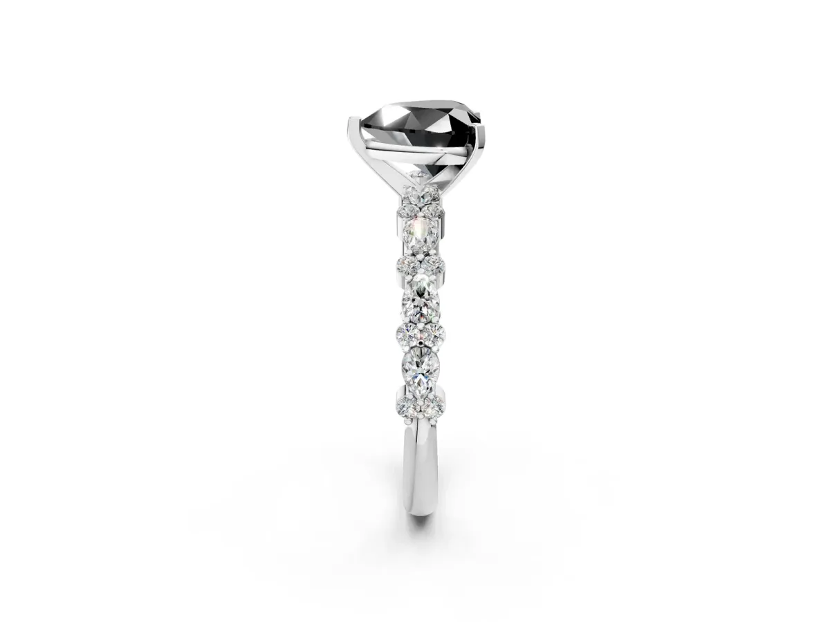 Fancy Black Heart Cut Diamond Side Stone Solitaire Ring with Round and Four-Prong Setting Silver