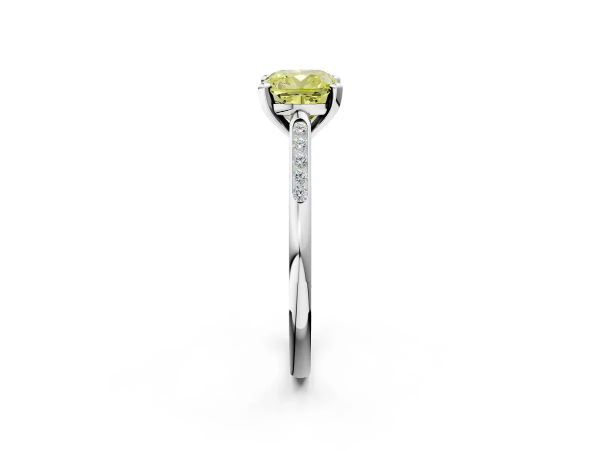 Fancy Yellow Cushion Cut Diamond Solitaire Ring with Channel Set Round Band and Prong Setting Silver