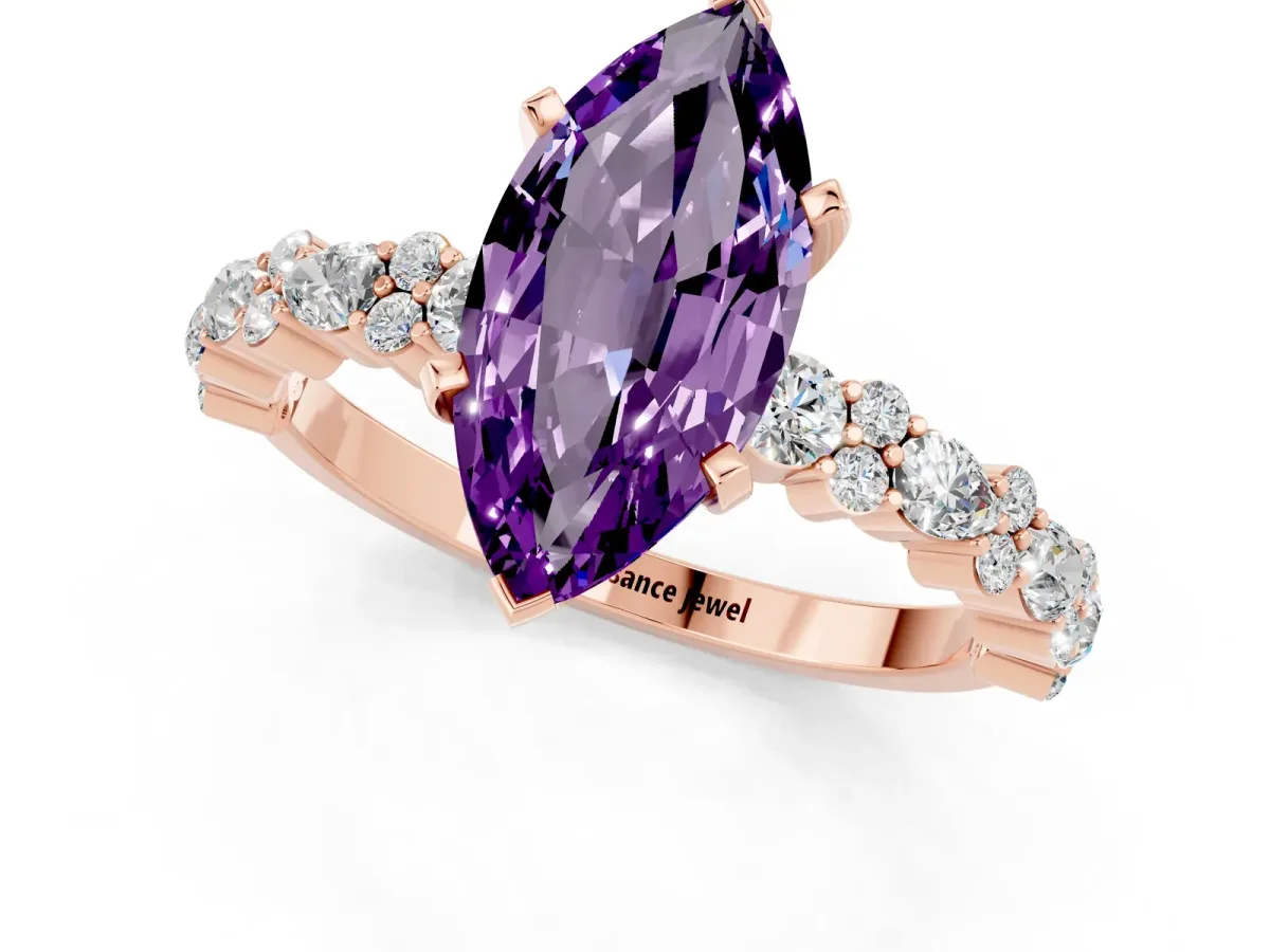 Marquise Cut Amethyst Side Stone Solitaire Ring with Round and Four-Prong Setting Rose gold