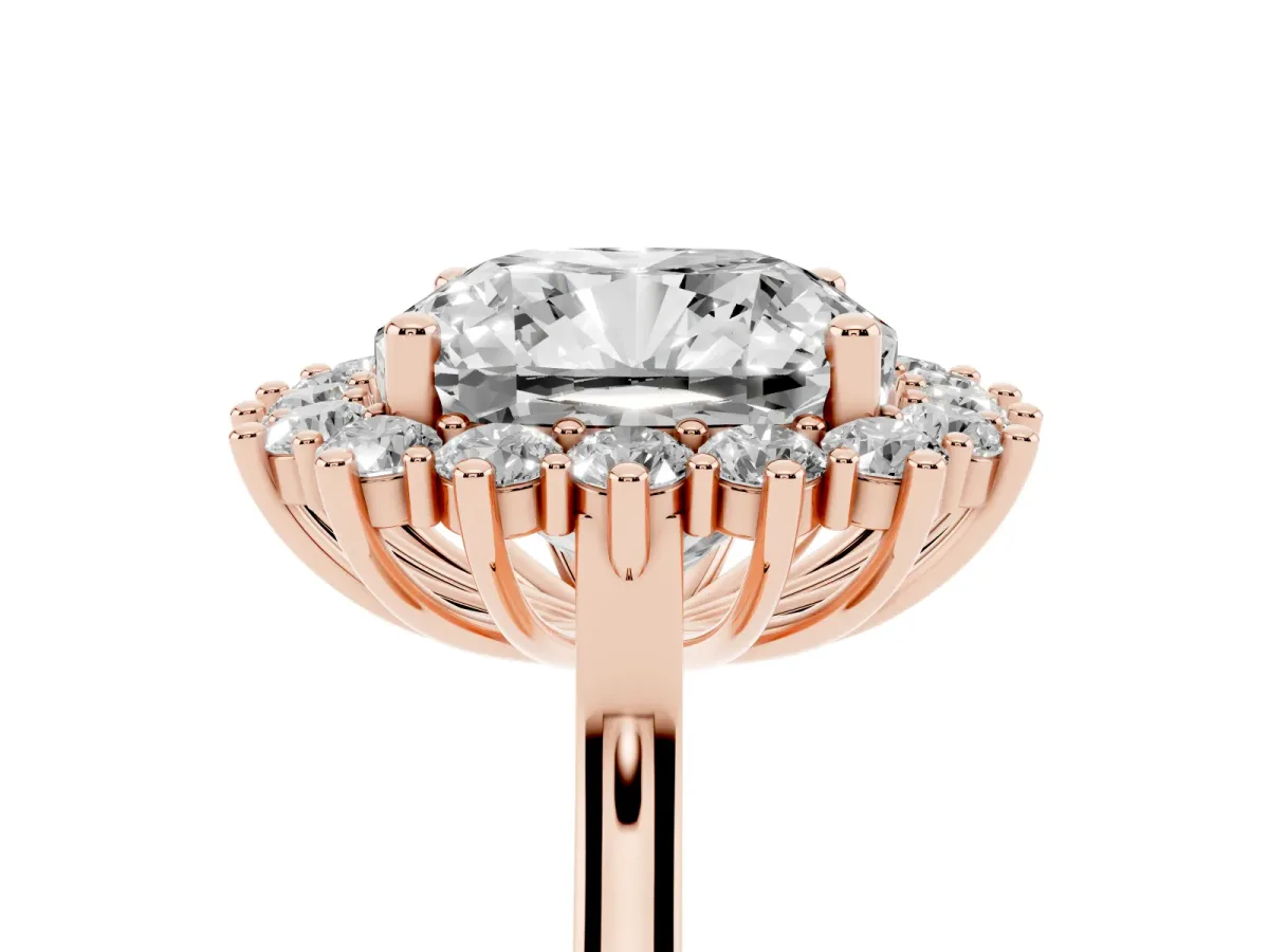 Cushion Diamond Halo Engagement Ring with Round Diamond Accents Rose gold