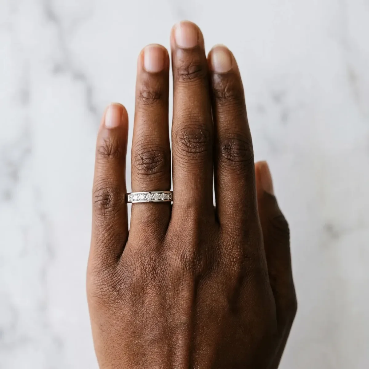 Channel-Set Round Diamond Eternity Band with Shared Prong Setting White gold