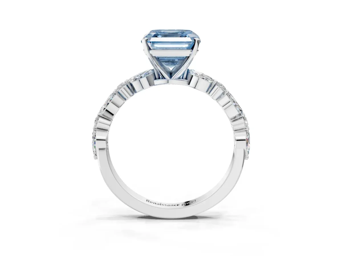 Fancy Blue Asscher Cut Diamond Ring with Marquise and Round Side Stones and Four-Prong Setting Silver