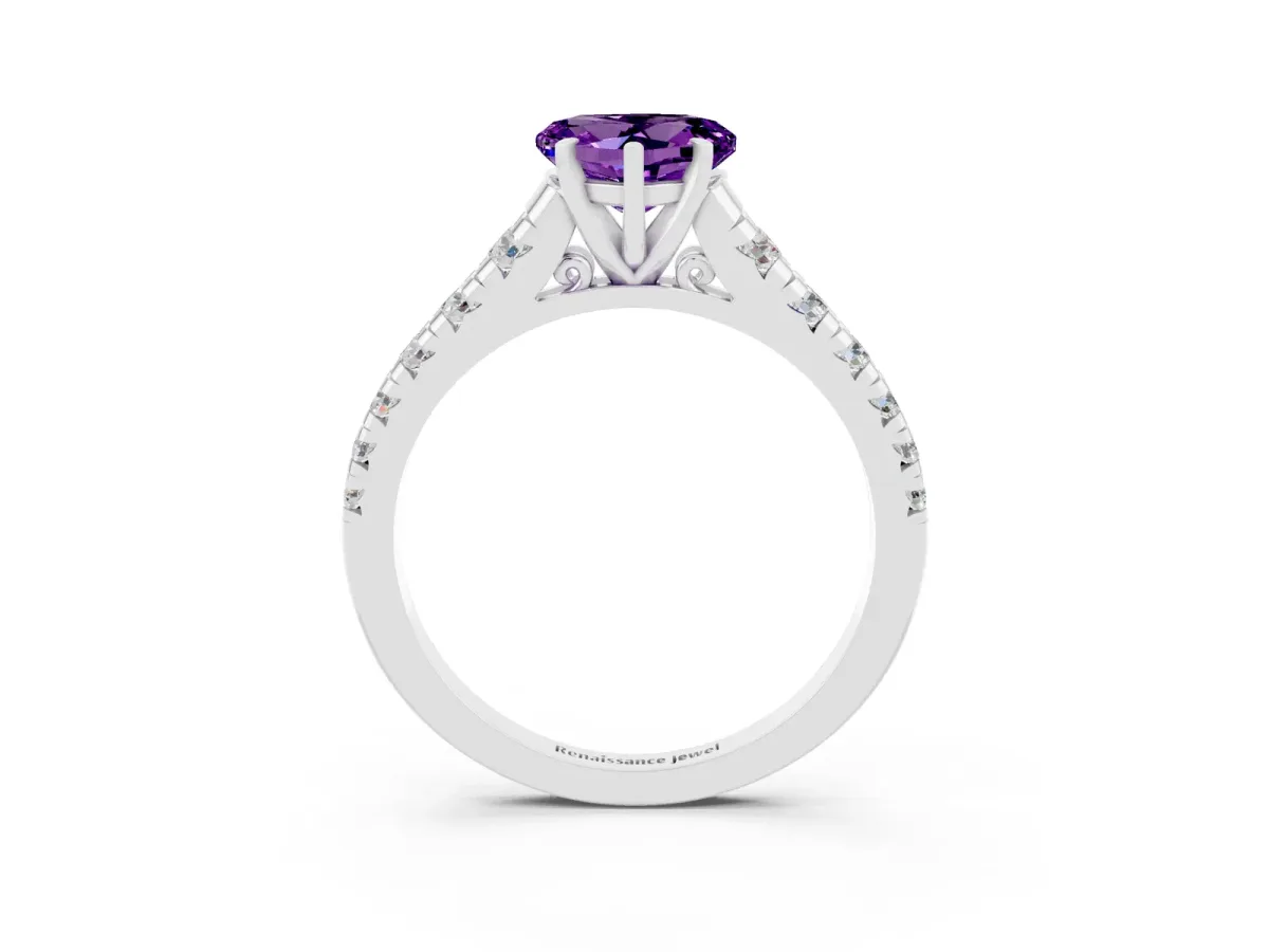 Heart Cut Amethyst Cathedral Solitaire Ring with Round Pavé Band Silver