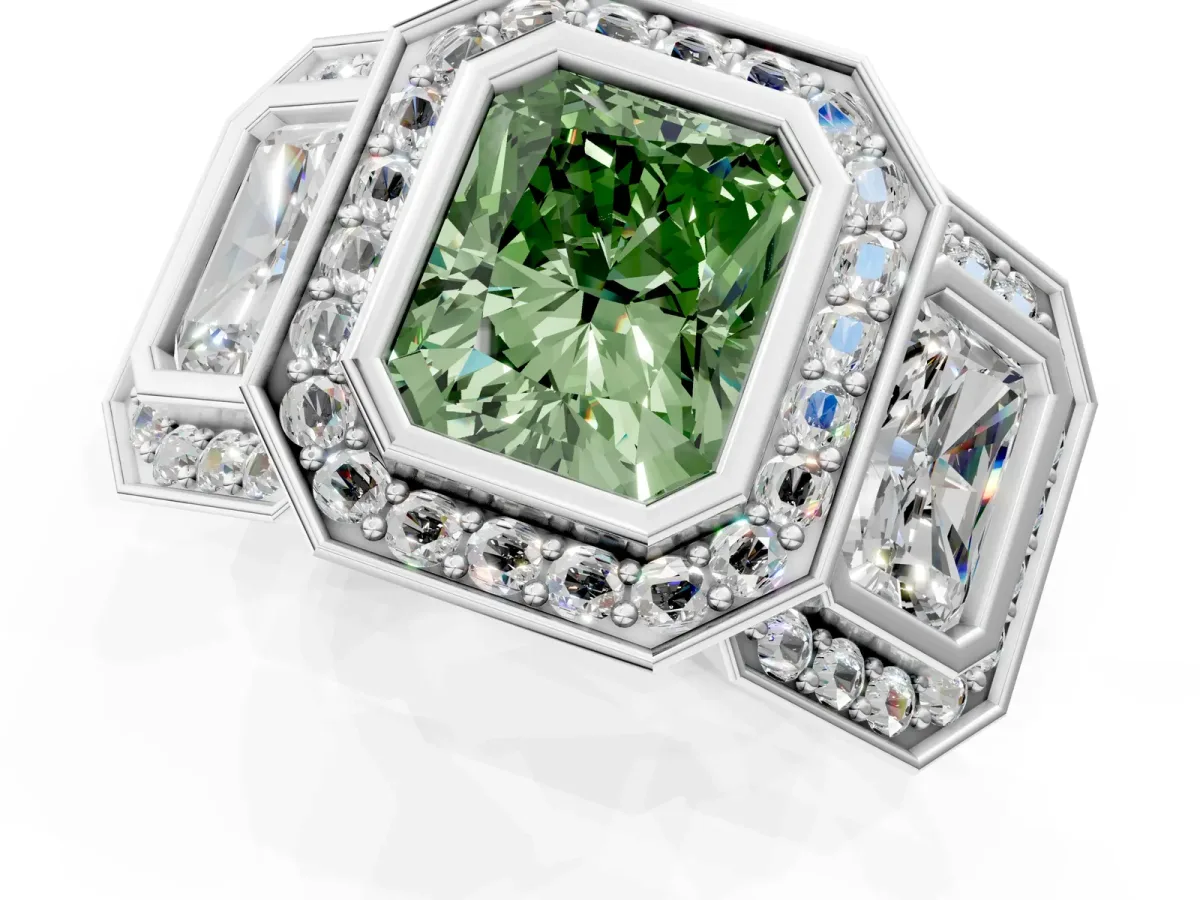 Fancy Green Three-Stone Radiant Cut Halo Pavé Diamond Ring Platinum
