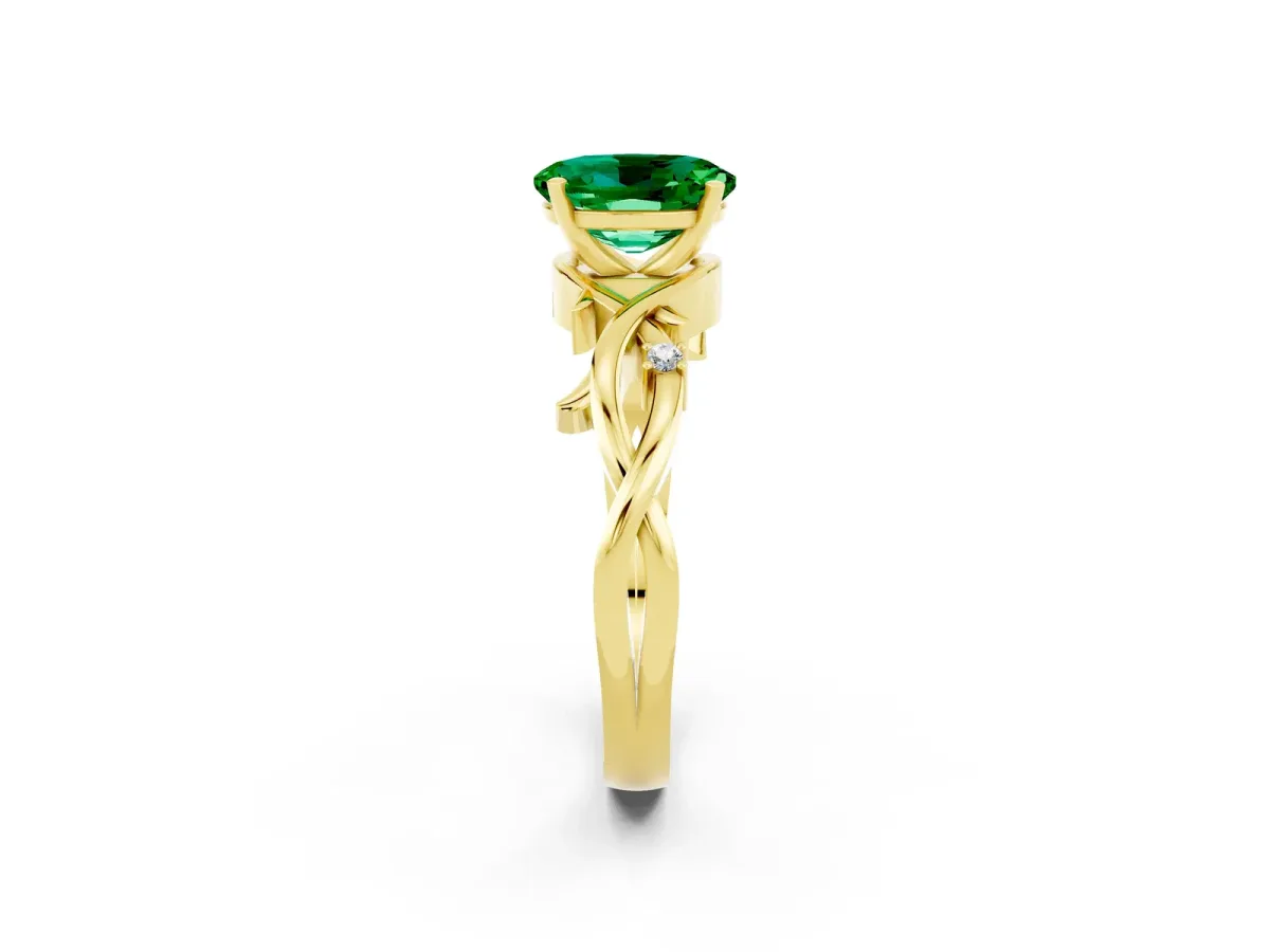 Oval Cut Emerald Solitaire Ring with Twisted Band and Prong Setting Yellow gold