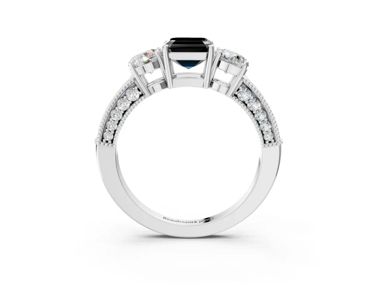 Fancy Black Asscher Cut Three-Stone Diamond Ring with Pavé Band and Four-Prong Setting Platinum