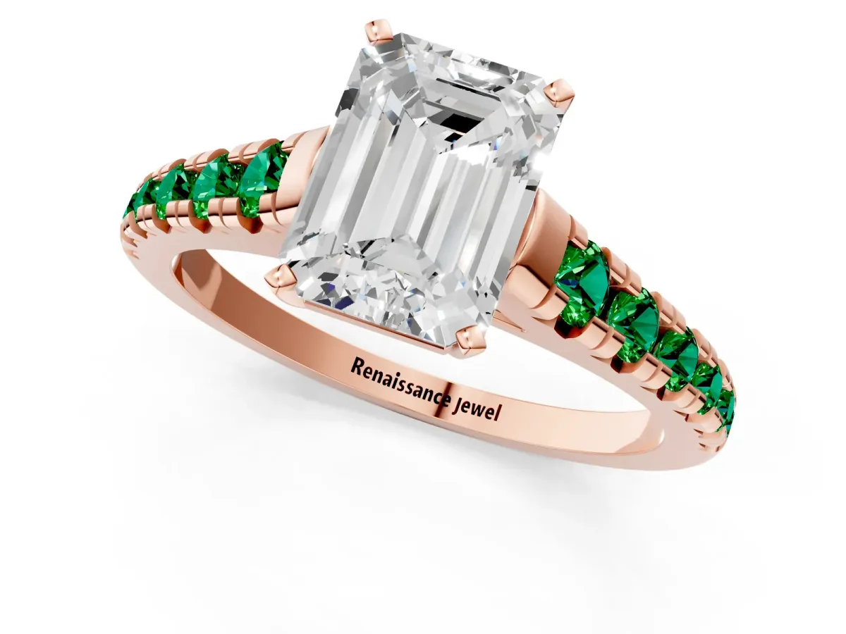 Emerald Cut Diamond Cathedral Solitaire Ring with Round Emerald Pavé Band Rose gold