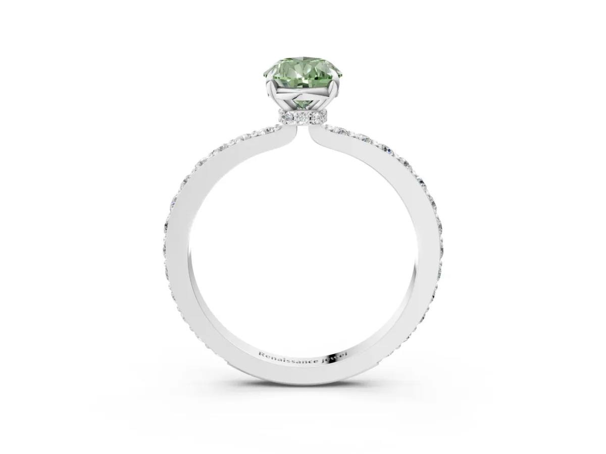Fancy Green Pear Cut Diamond Solitaire Engagement Ring with Pavé Band and Four-Prong Setting Silver
