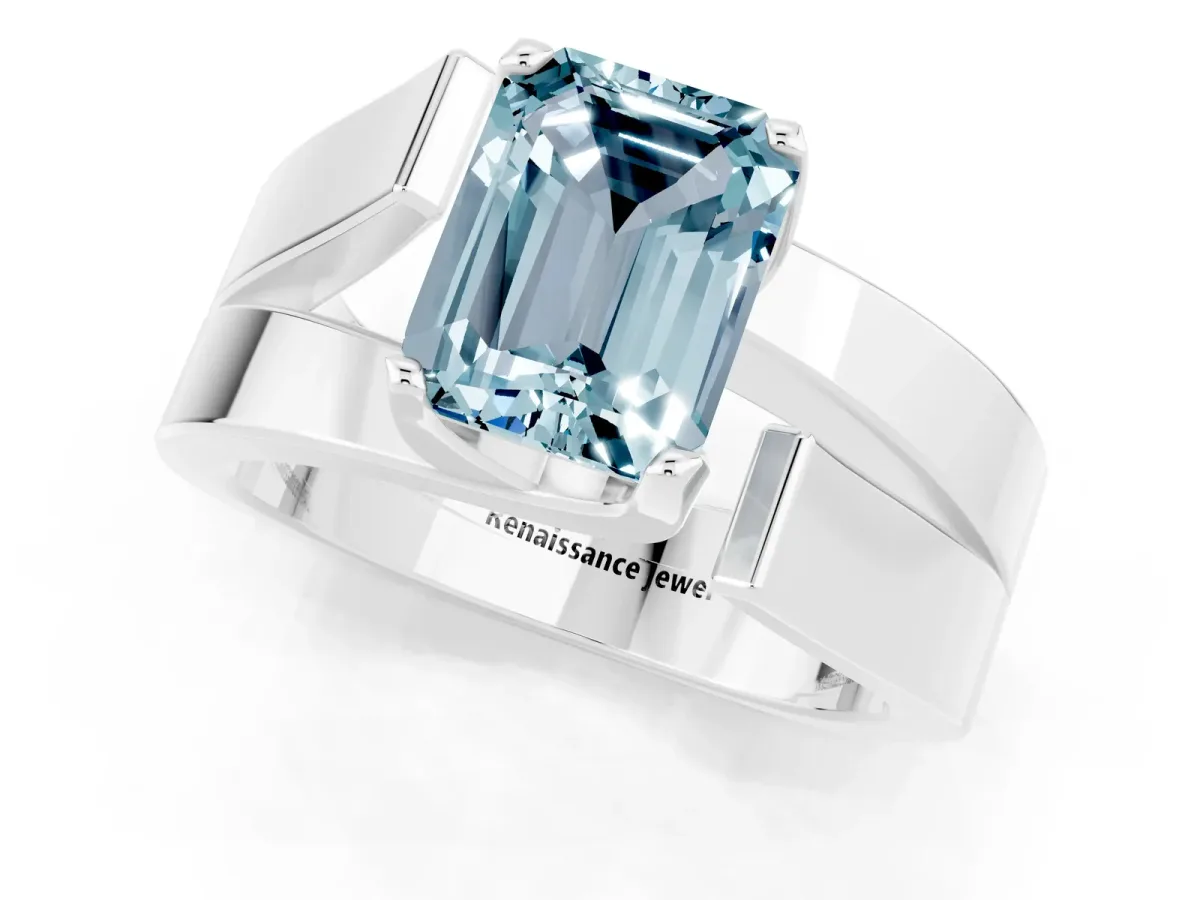 Modern Tension Set Emerald Cut Aquamarine Solitaire Wide Band Ring Silver