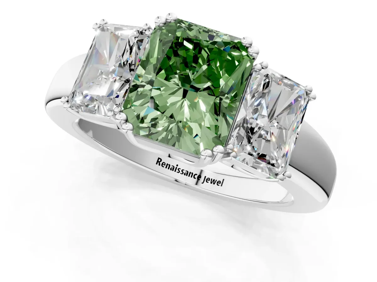 Fancy Green Three-Stone Radiant Cut Cut Diamond Ring with Channel Set Band and Four-Prong Setting Silver