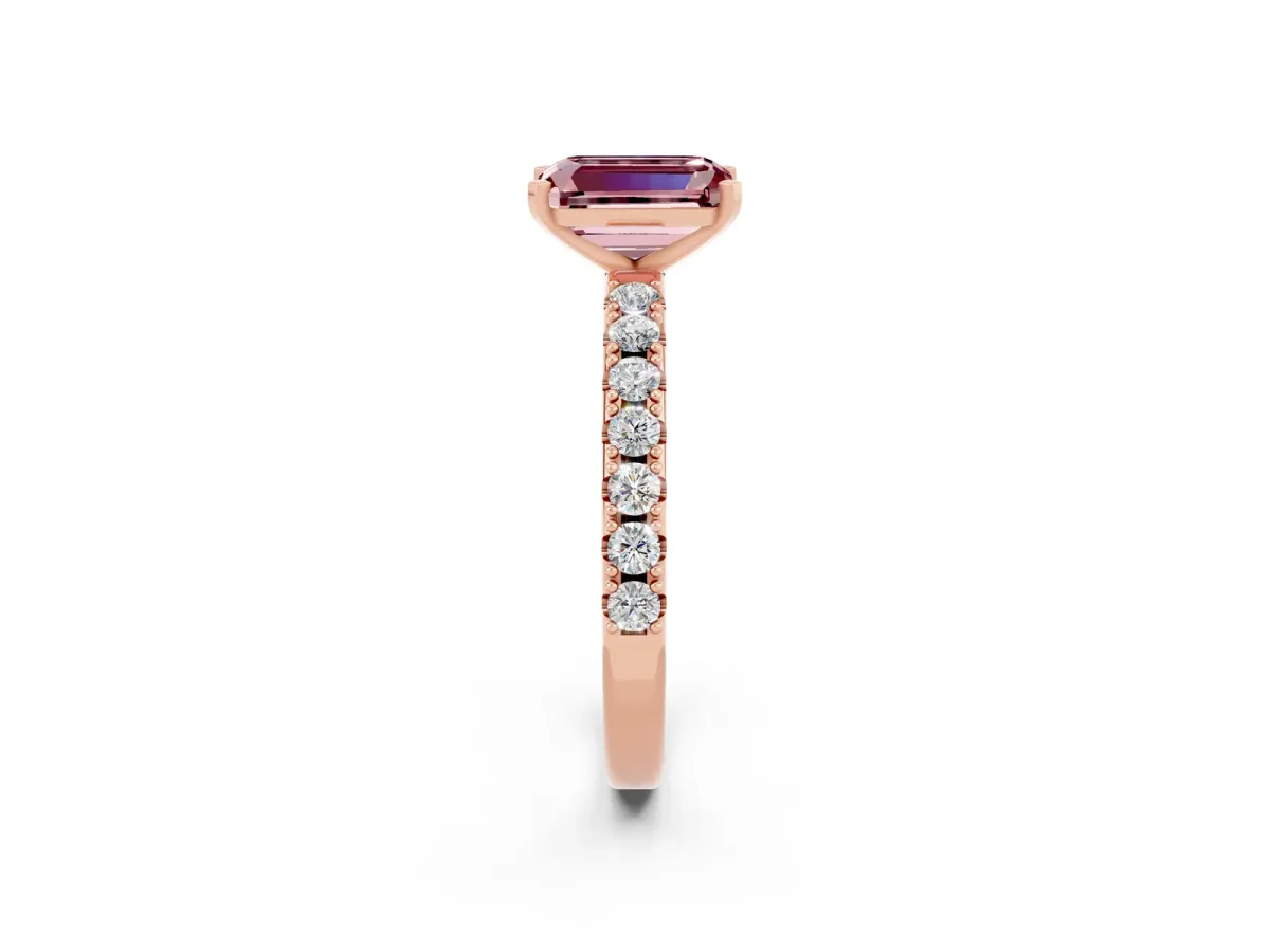 Emerald Cut Morganite Solitaire Pavé Band with Four-Prong Setting Rose gold