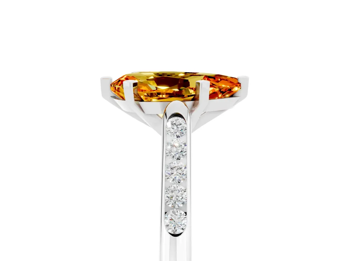 Pear Cut Citrine Solitaire Ring with Channel Set Round Band and Prong Setting Silver