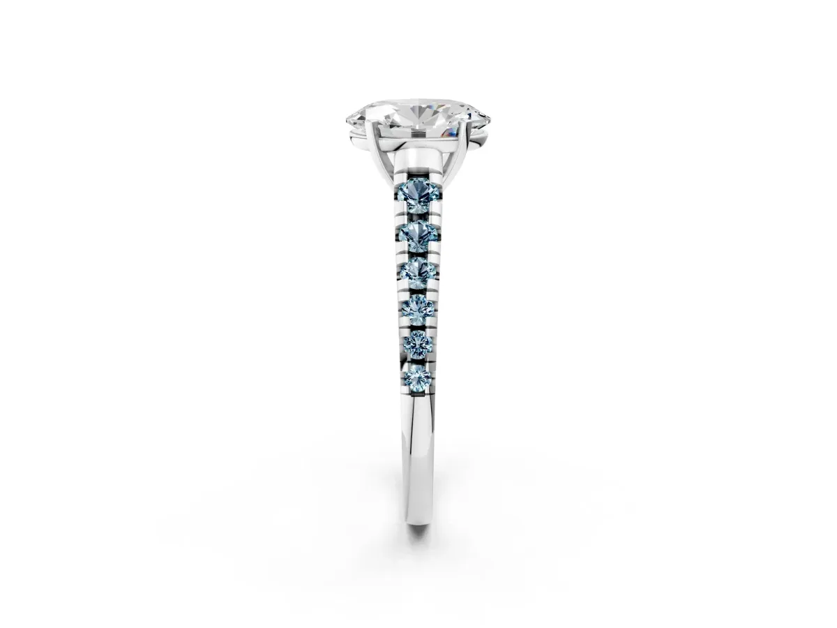 Oval Cut Diamond Cathedral Solitaire Ring with Round Aquamarine Pavé Band Silver