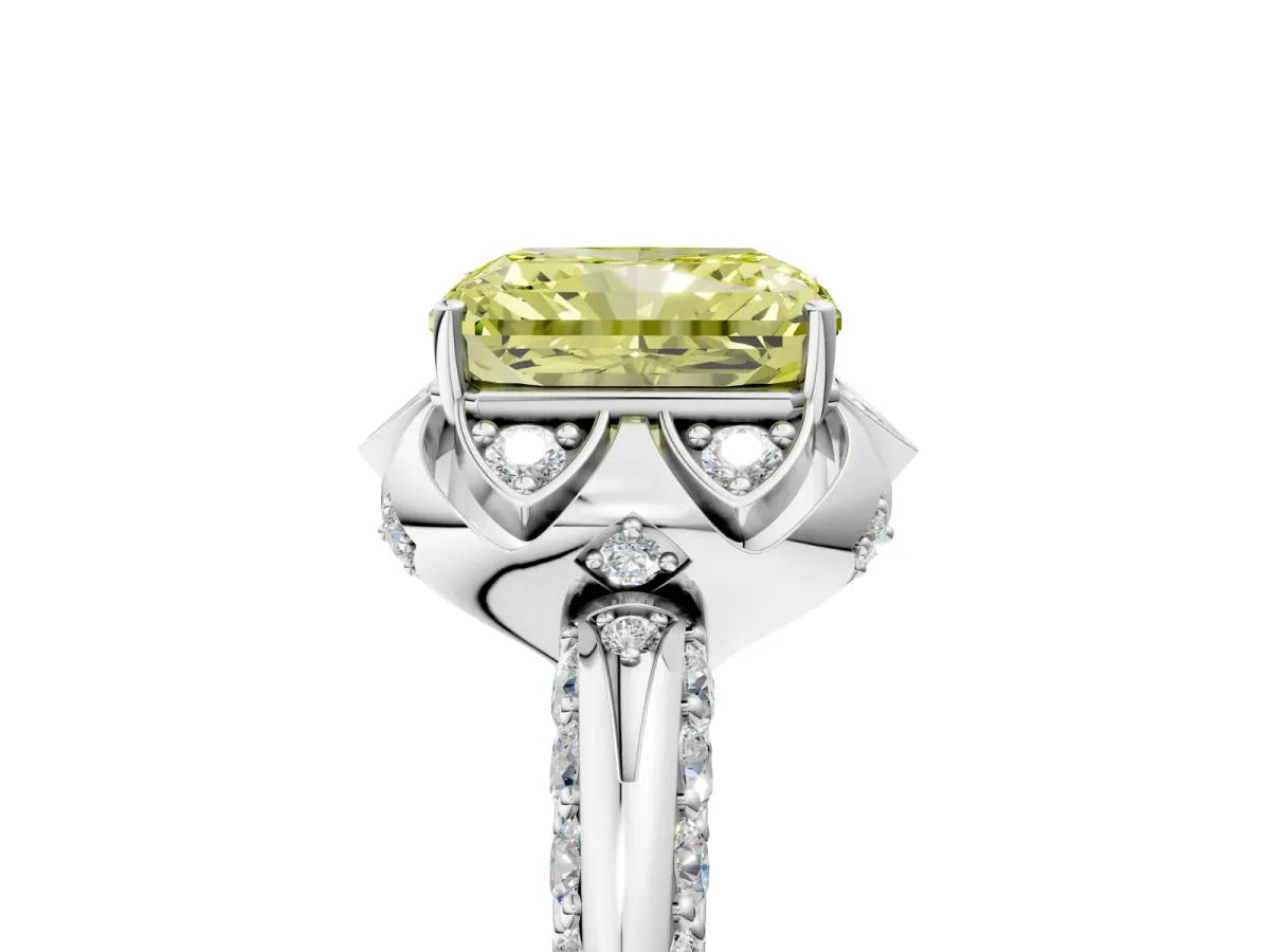 Fancy Yellow Radiant Cut Halo Split Shank Pave Diamond Ring with Petal Prong Setting Platinum