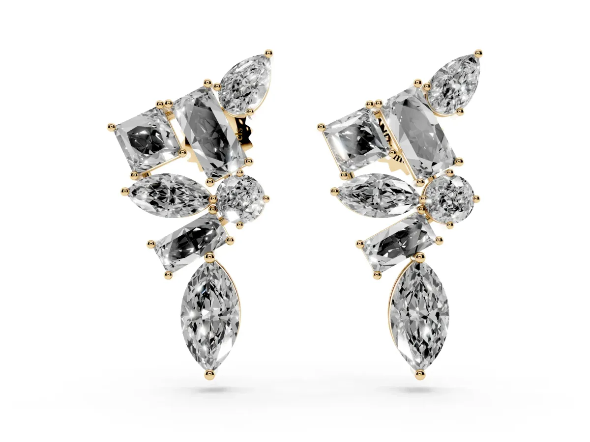 Princess, Baguette, Marquise, Pear and Round Diamond Cluster Stud Earrings Yellow gold