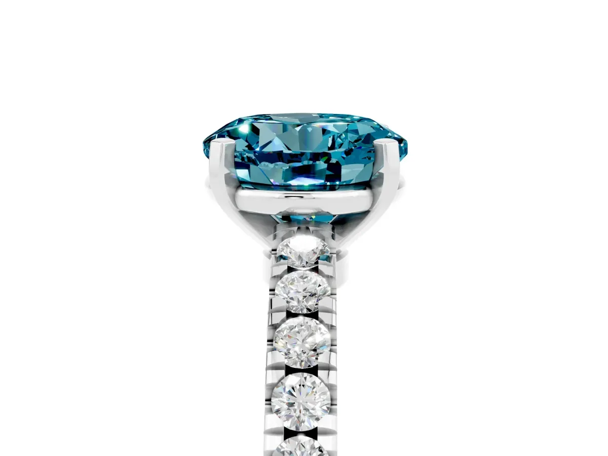 Round Cut Solitaire Blue Topaz with Pavé Band and Four-Prong Setting Silver