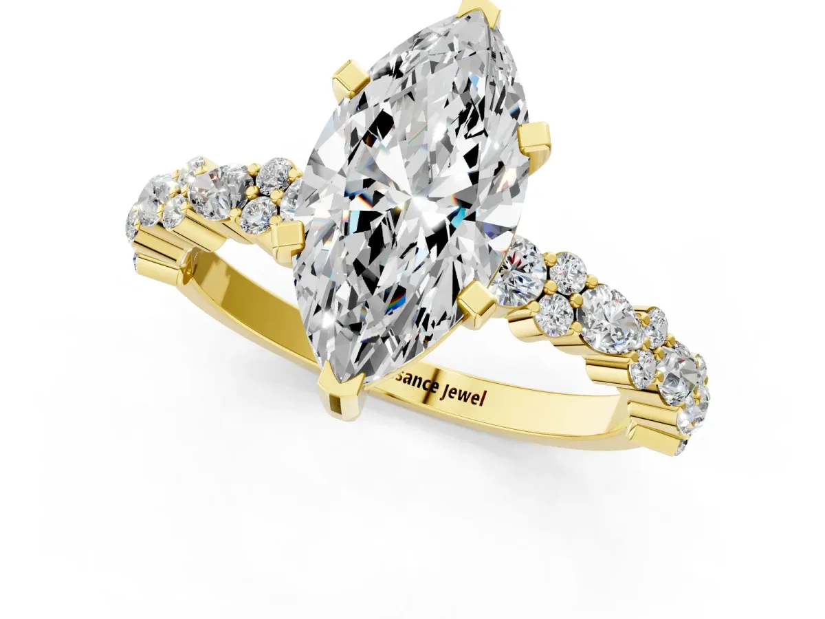 Marquise Cut Diamond Side Stone Solitaire Ring with Round and Four-Prong Setting Yellow gold