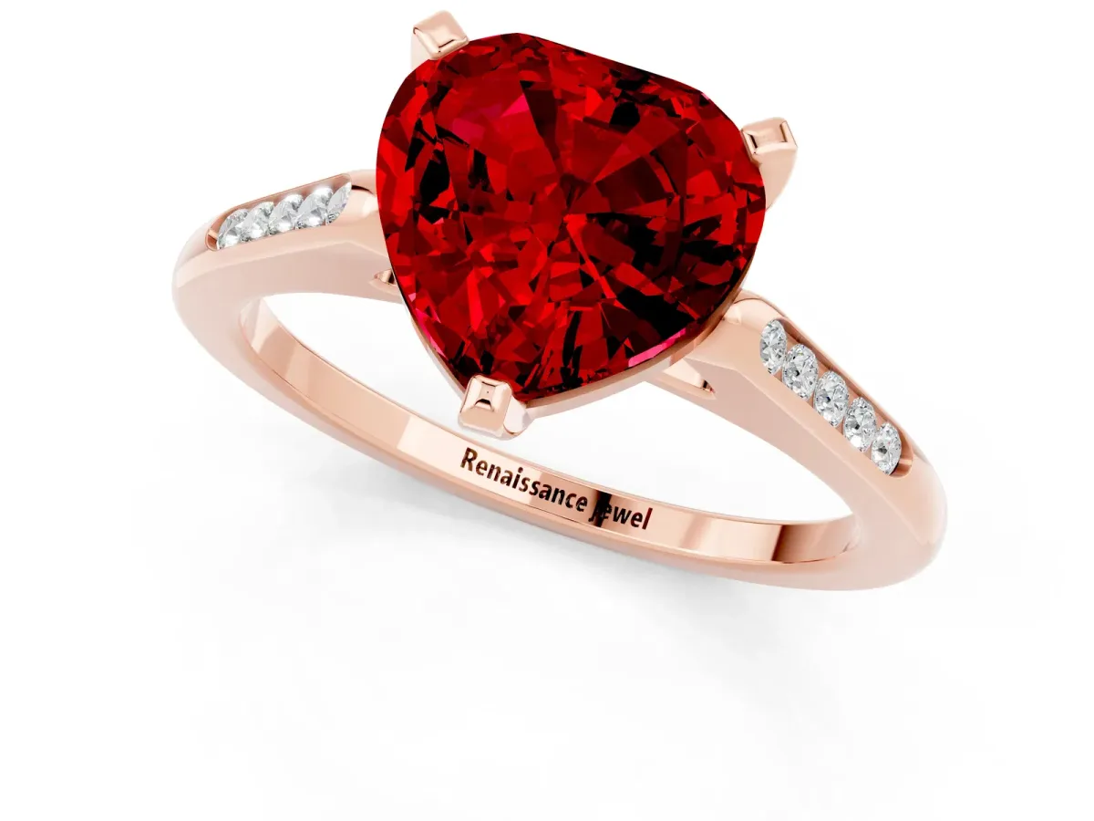 Heart Cut Ruby Solitaire Ring with Channel Set Round Band and Prong Setting Rose gold